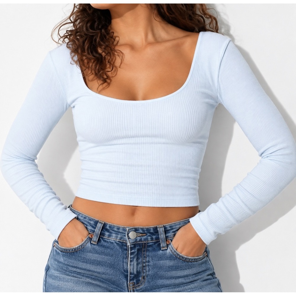 Wild Fable Seamless Scoop Neck Womens XL Light Blue Ribbed Cropped Top Balletcor